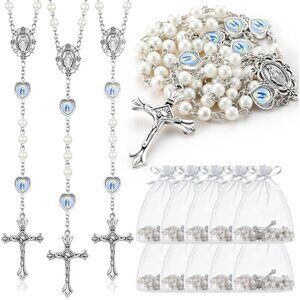 Catholic Glass Pearl Beads Rosary Necklace 6 mm Beaded Cross Necklace with Cruci